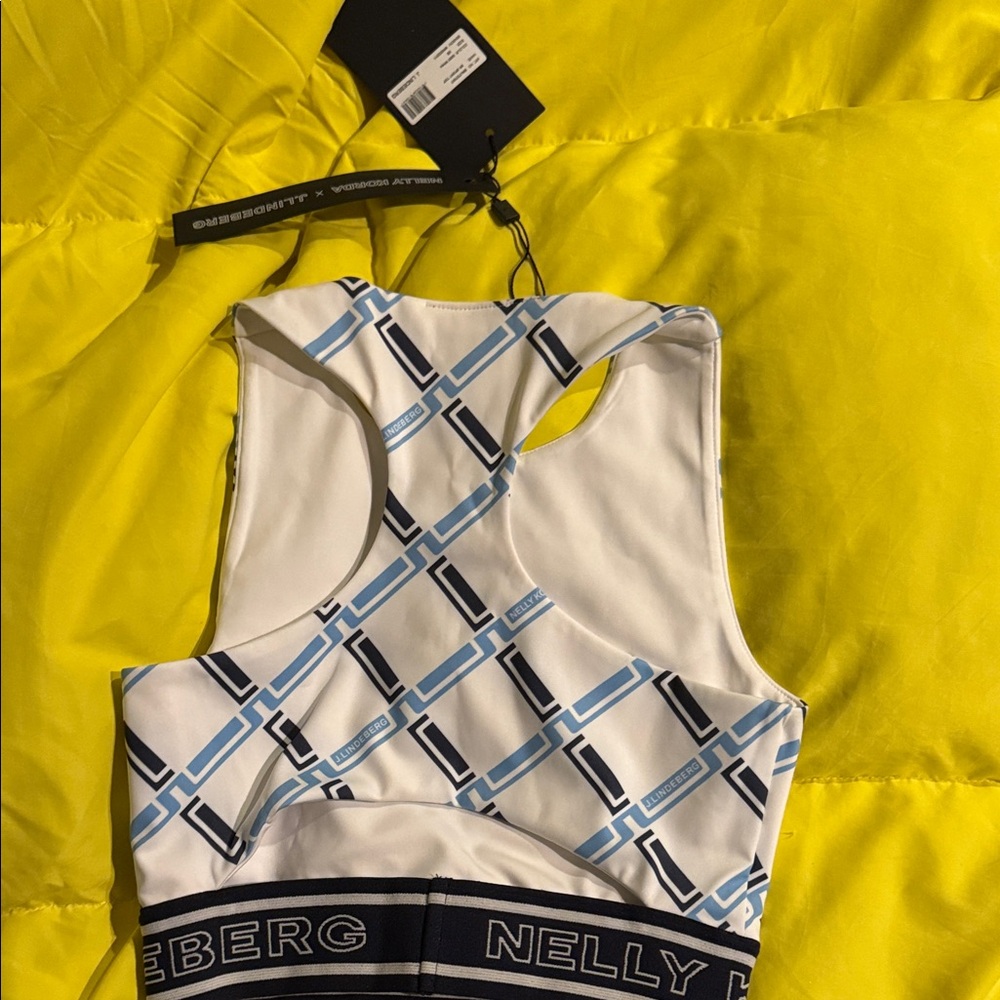 J.Lindeberg Geometric Blue and White Crop Top - Picture 2 of 2